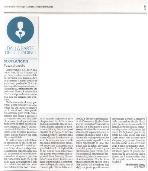 Lettera "Nuovi autobus - Puzza di gasolio", Corriere dell'Alto Adige, 17 novembre 2016